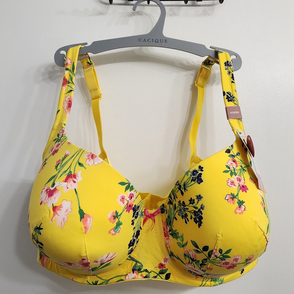 NWT Cacique Cool Bliss Balconette Bra 42DDD Yellow Floral